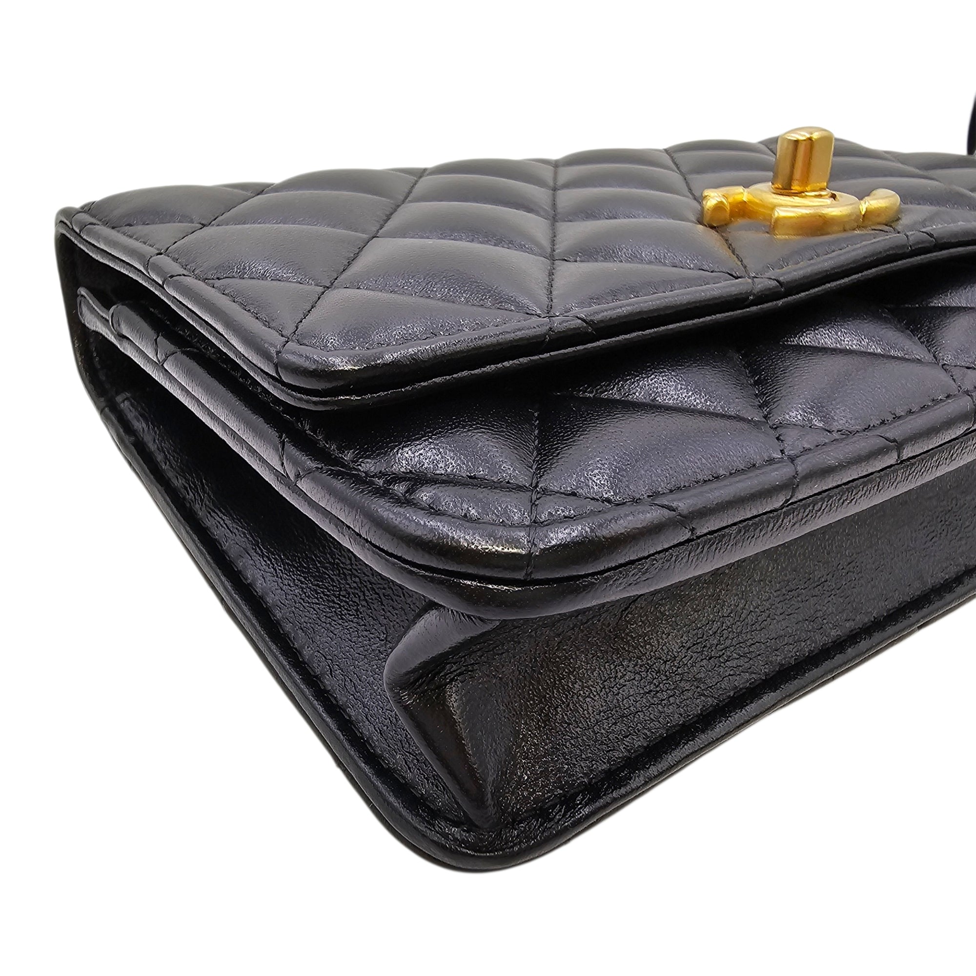 Camellia Pearl Crush WOC Black Crossbody Bag in Lambskin Gold hardware