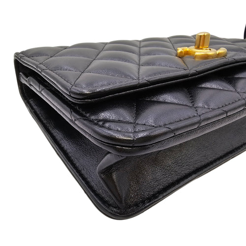 Camellia Pearl Crush WOC Black Crossbody Bag in Lambskin Gold hardware