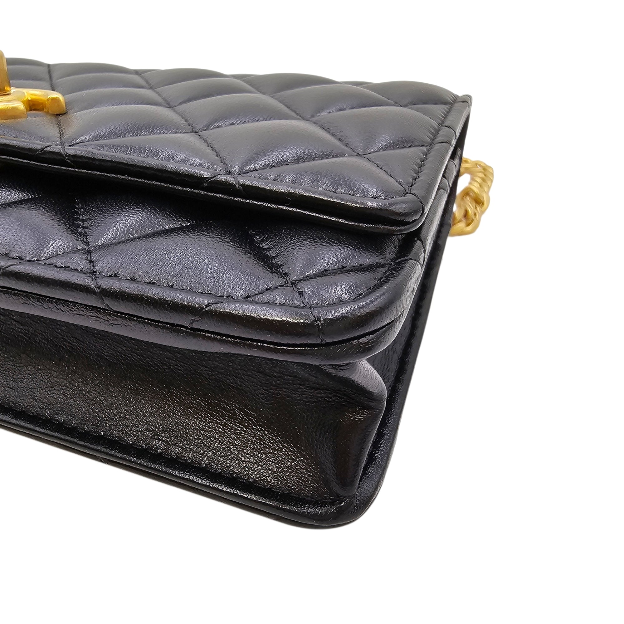 Camellia Pearl Crush WOC Black Crossbody Bag in Lambskin Gold hardware