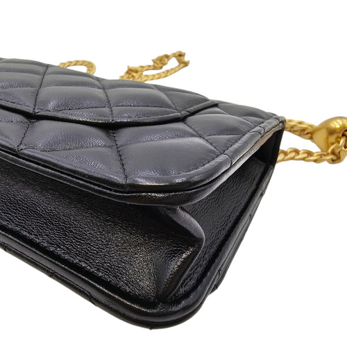 Camellia Pearl Crush WOC Black Crossbody Bag in Lambskin Gold hardware