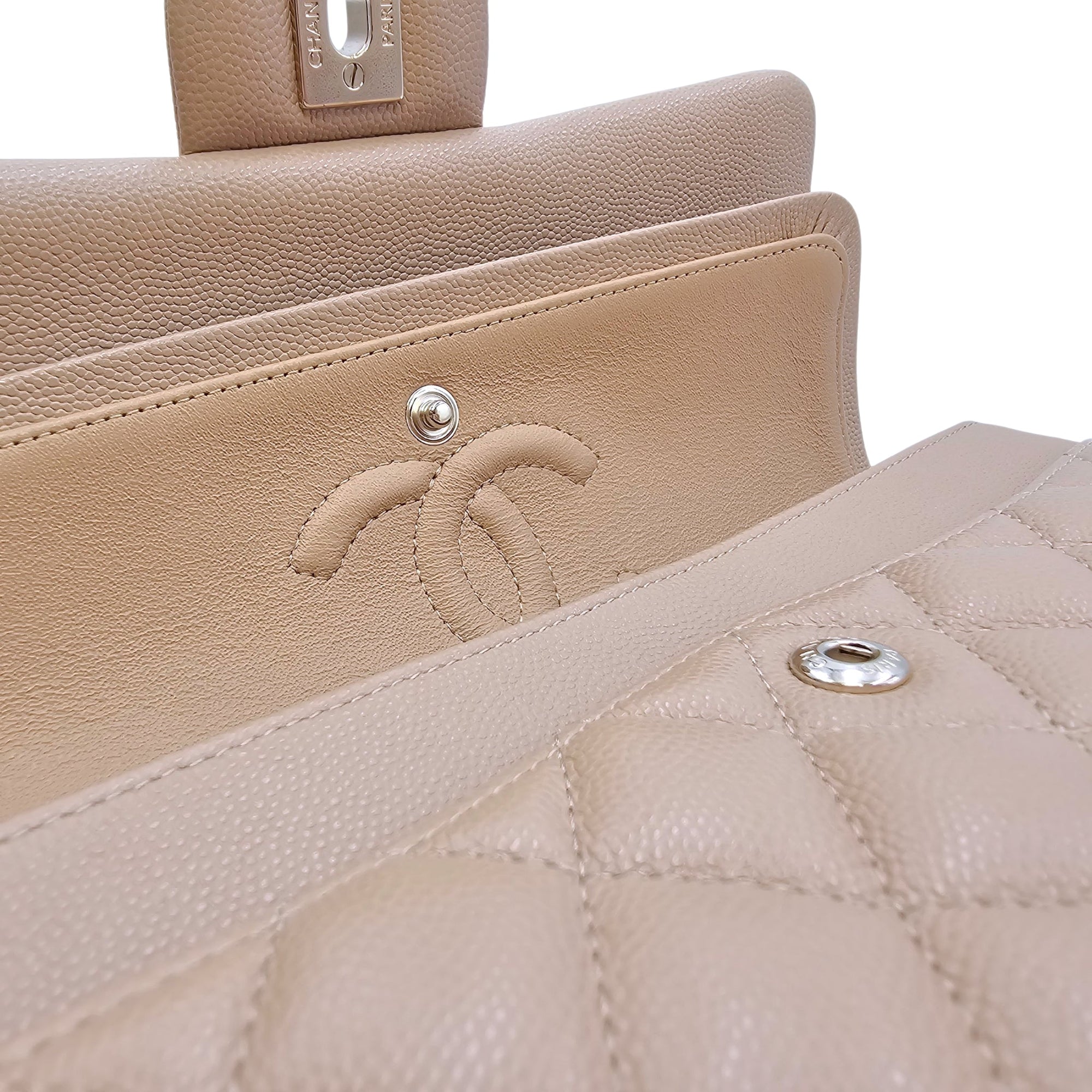 Small Classic Flap Beige Shoulder Bag in Caviar Leather Gold hardware CL2604-20905 10