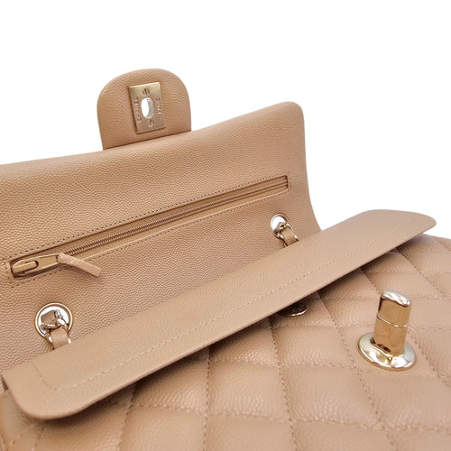 Small Classic Flap Beige Shoulder Bag in Caviar Leather Gold hardware CL2604-20905 11