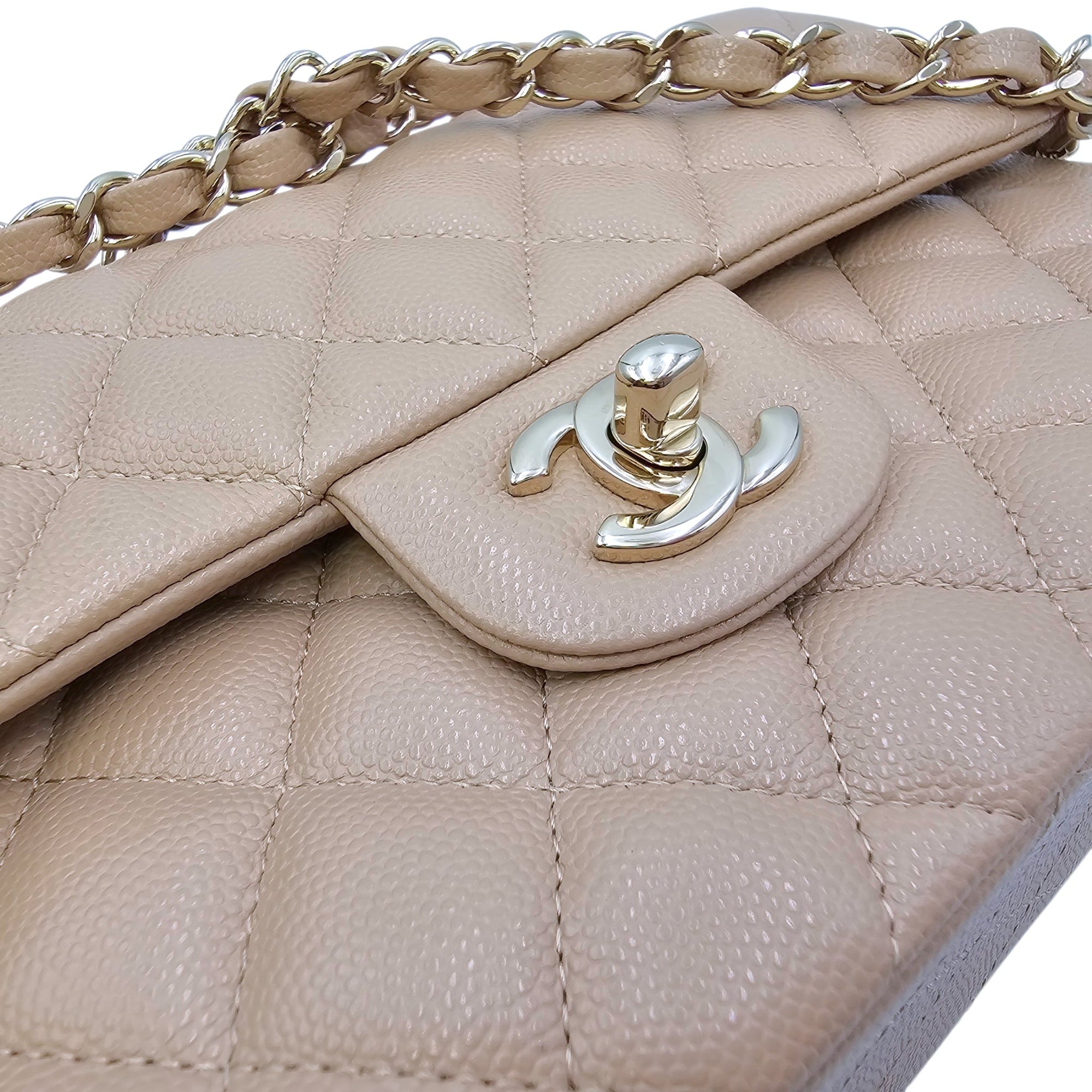 Small Classic Flap Beige Shoulder Bag in Caviar Leather Gold hardware CL2604-20905 12