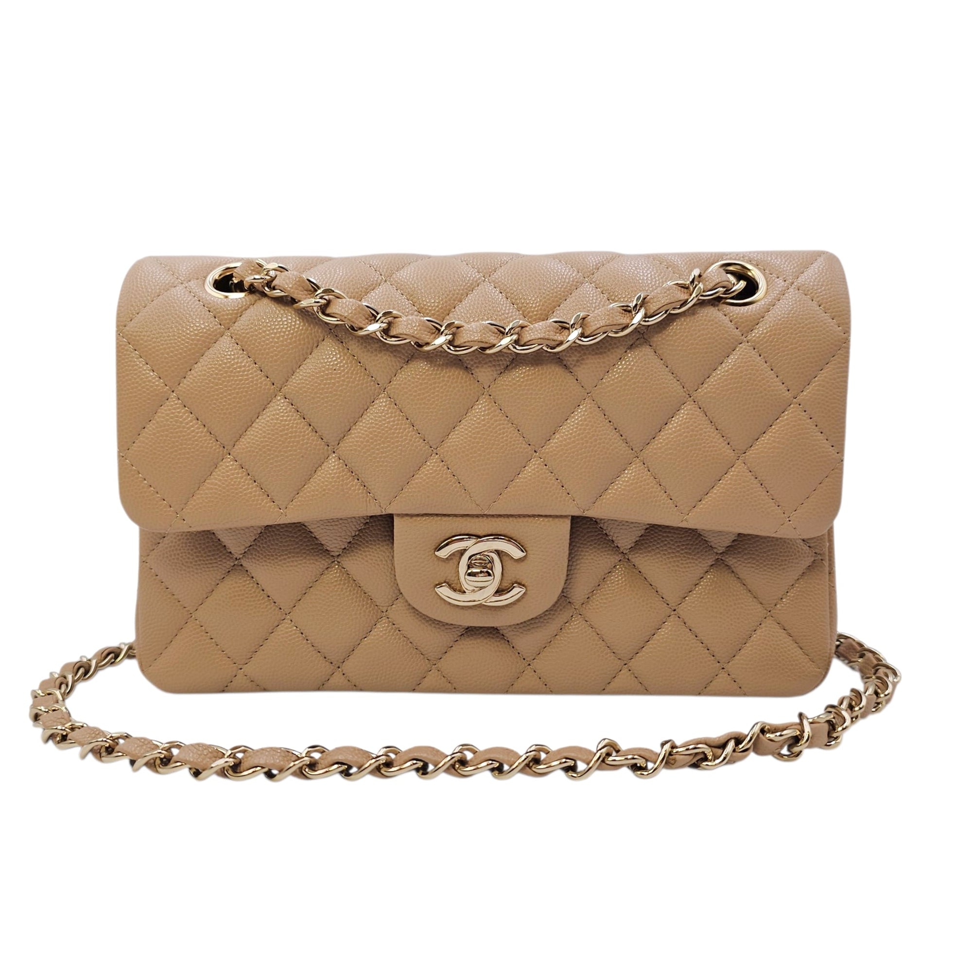 Small Classic Flap Beige Shoulder Bag in Caviar Leather Gold hardware CL2604-20905 16
