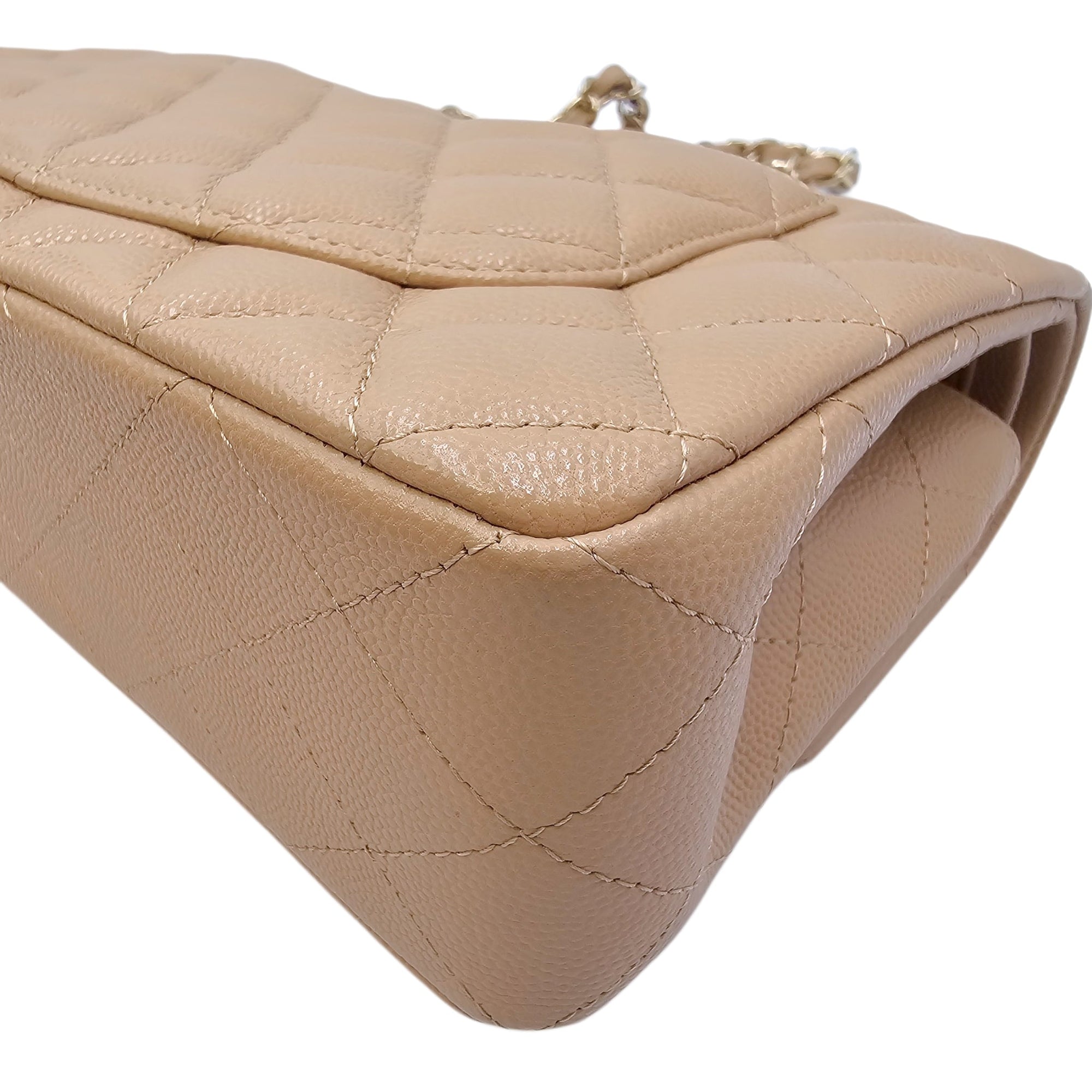 Small Classic Flap Beige Shoulder Bag in Caviar Leather Gold hardware CL2604-20905 8