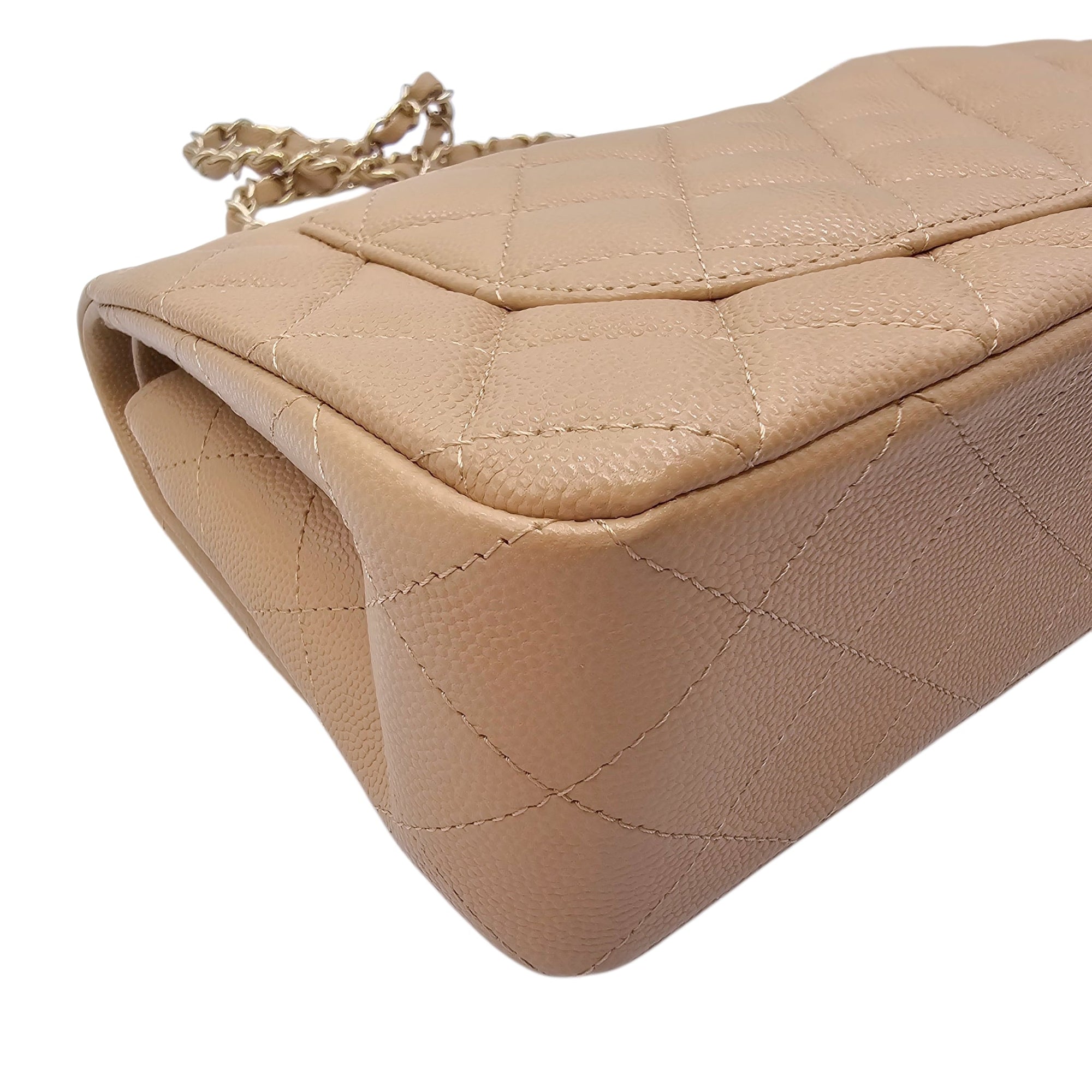 Small Classic Flap Beige Shoulder Bag in Caviar Leather Gold hardware CL2604-20905 6