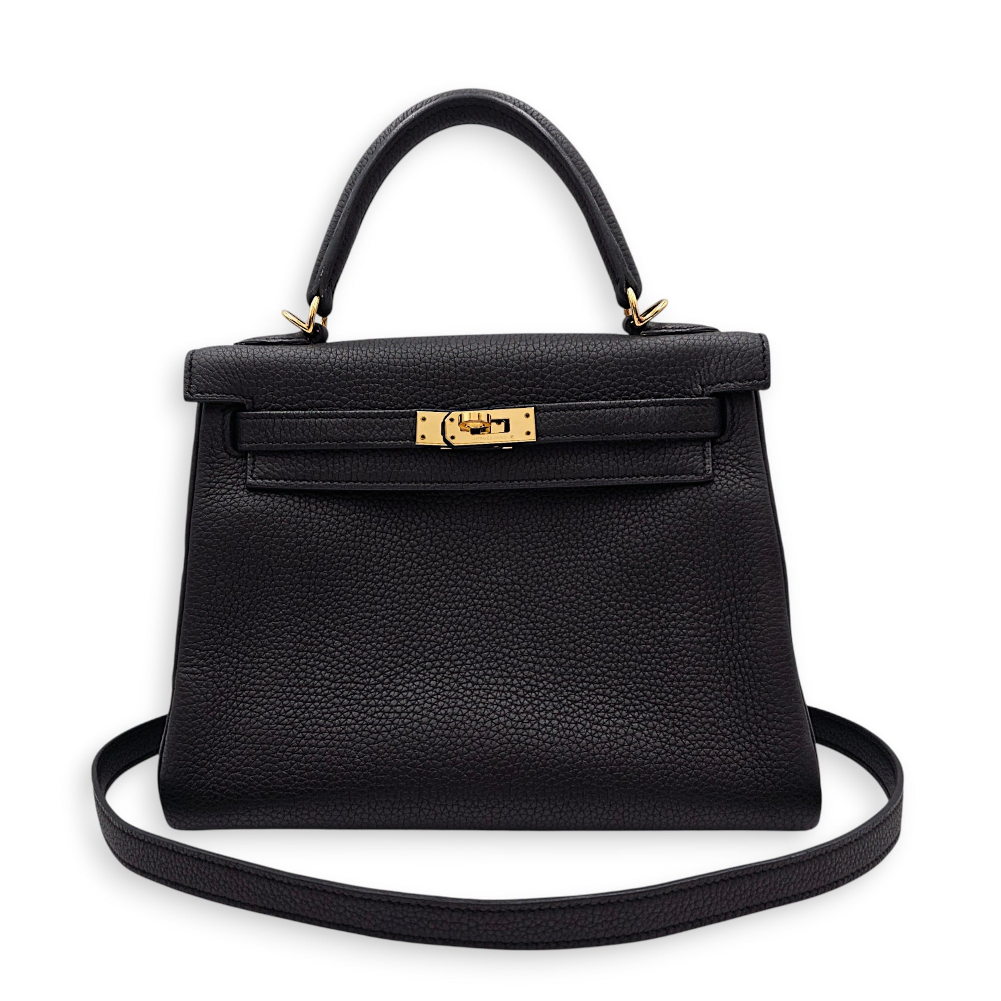 Kelly 25 Black in Togo Gold hardware