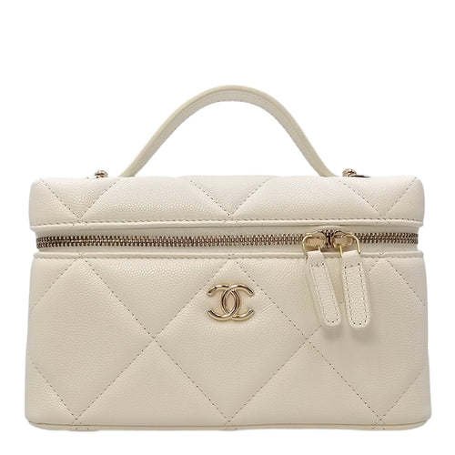 Quilted Slim Top Handle Vanity Case with Strap White Crossbody Bag in Caviar Leather Gold hardware CL2604-20972 1