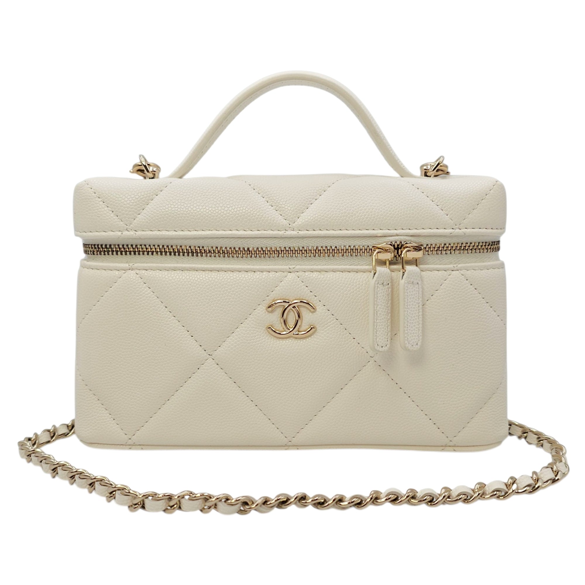 Slim Caviar Quilted Top Handle Vanity Case White Crossbody Bag in Caviar Leather Gold hardware