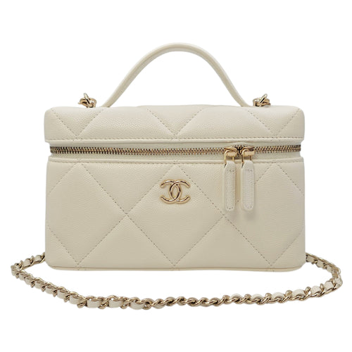 Slim Caviar Quilted Top Handle Vanity Case White Crossbody Bag in Caviar Leather Gold hardware