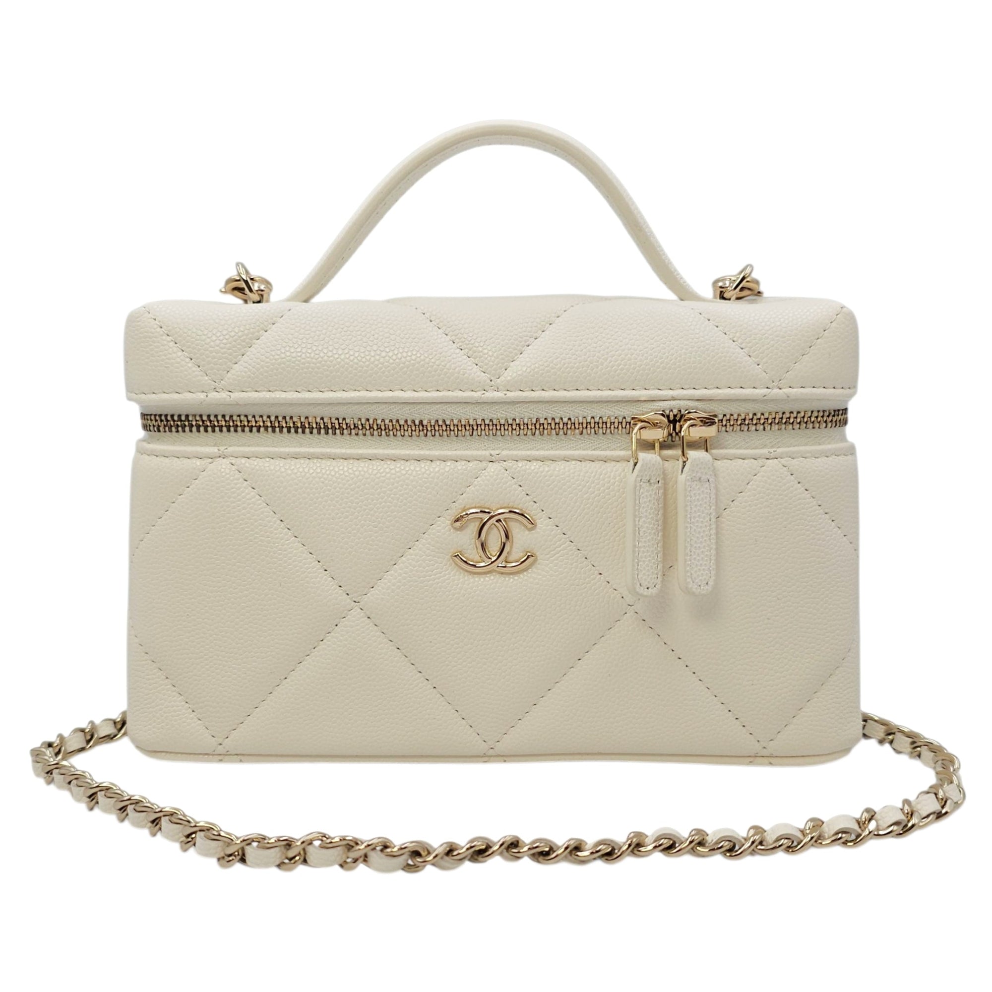 Quilted Slim Top Handle Vanity Case with Strap White Crossbody Bag in Caviar Leather Gold hardware CL2604-20972 14