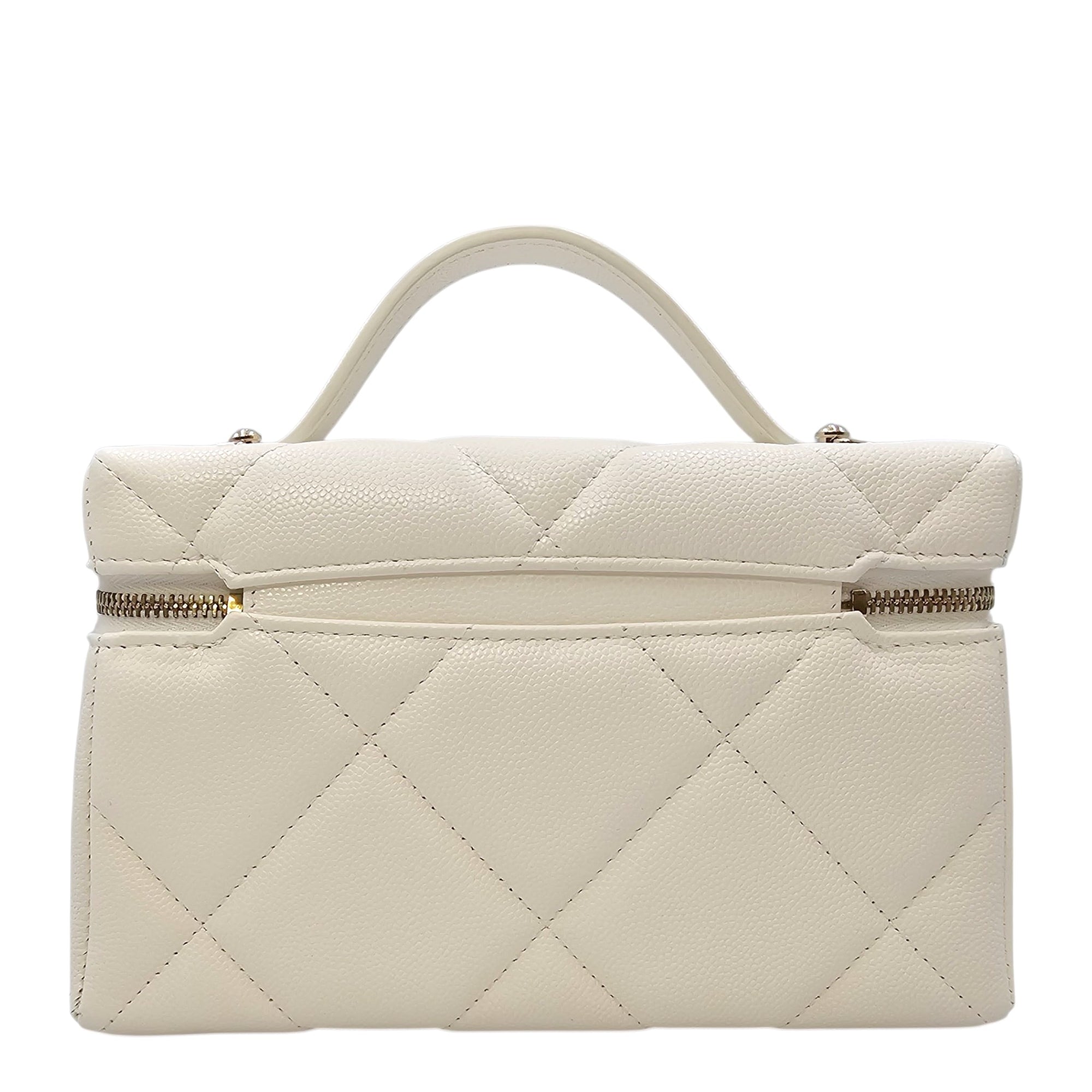 Quilted Slim Top Handle Vanity Case with Strap White Crossbody Bag in Caviar Leather Gold hardware CL2604-20972 2