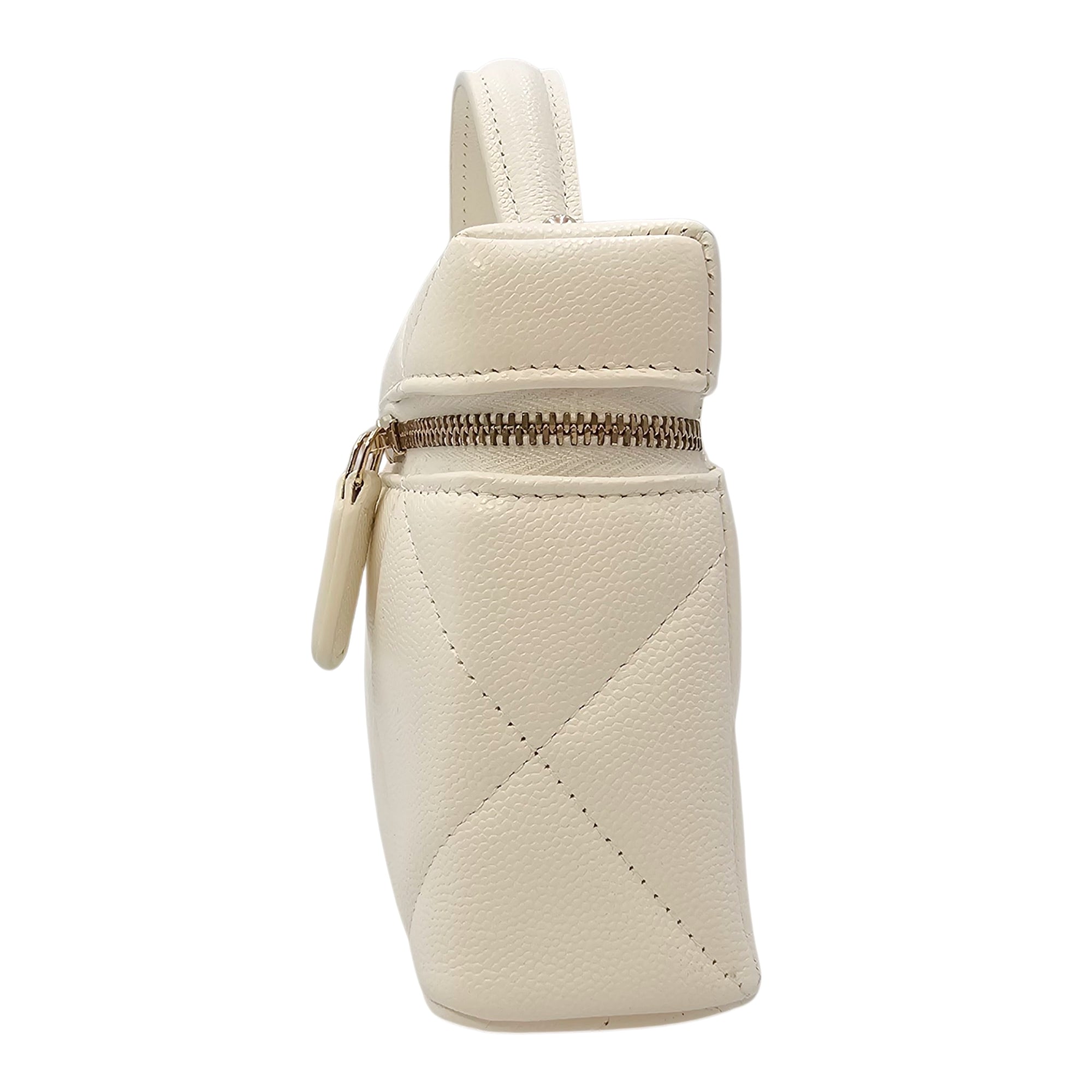 Slim Caviar Quilted Top Handle Vanity Case White Crossbody Bag in Caviar Leather Gold hardware