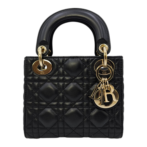Mini Lady Dior Black Top Handle Bag in Lambskin Gold hardware