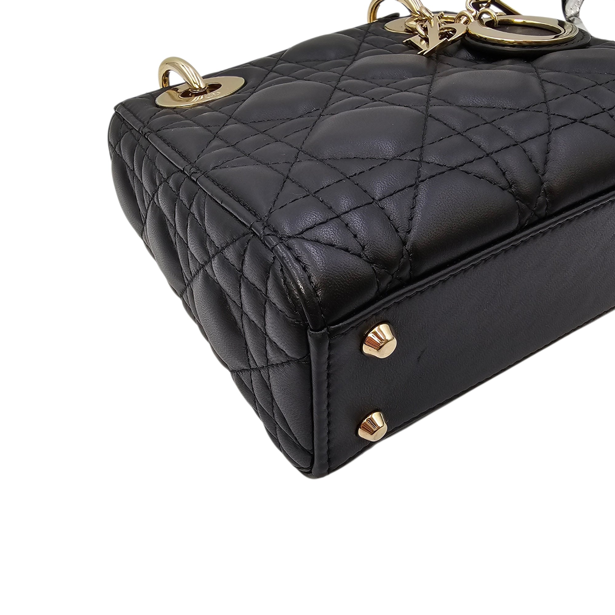Mini Lady Dior Black Top Handle Bag in Lambskin Gold hardware