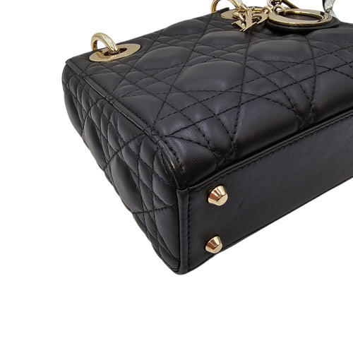 Mini Lady Dior Black Top Handle Bag in Lambskin Gold hardware