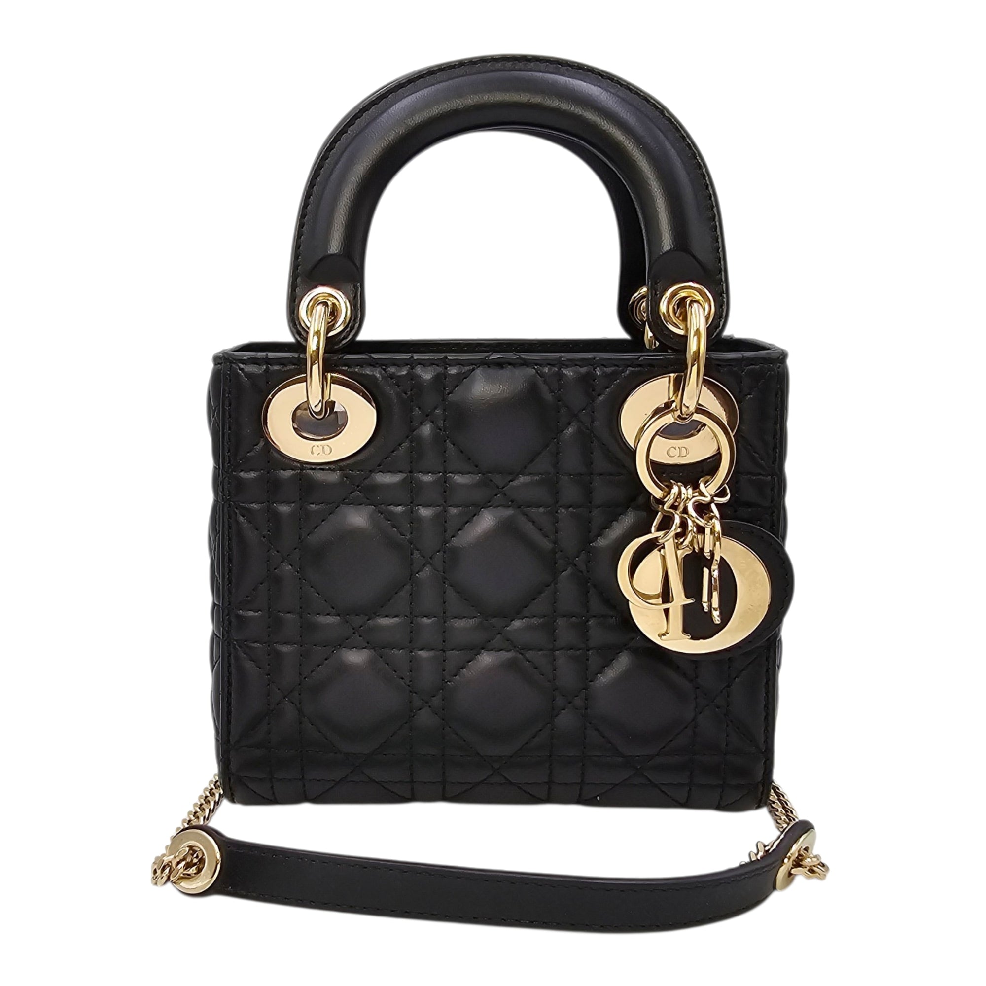 Mini Lady Dior Black Top Handle Bag in Lambskin Gold hardware