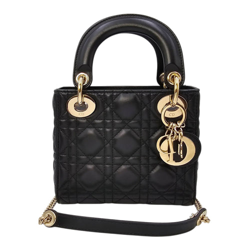 Mini Lady Dior Black Top Handle Bag in Lambskin Gold hardware