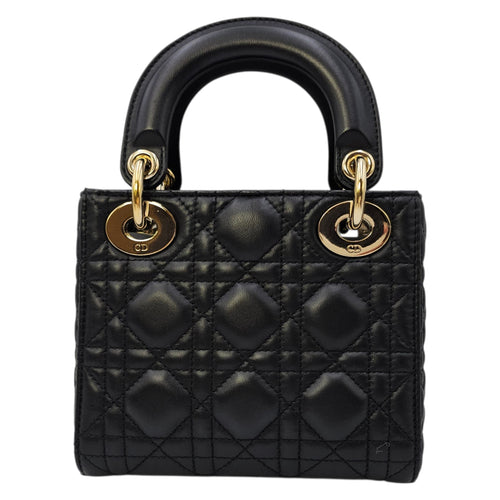 Mini Lady Dior Black Top Handle Bag in Lambskin Gold hardware