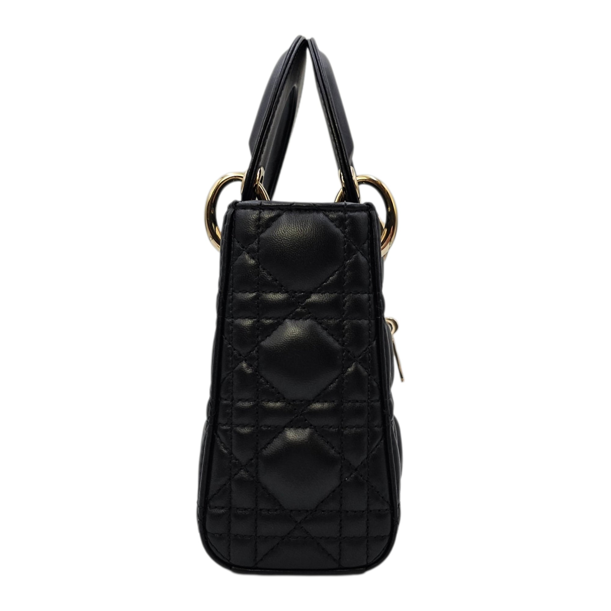 Mini Lady Dior Black Top Handle Bag in Lambskin Gold hardware