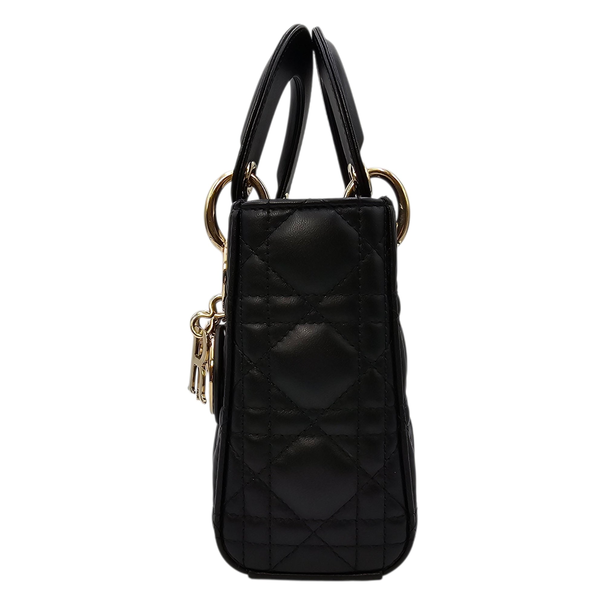 Mini Lady Dior Black Top Handle Bag in Lambskin Gold hardware