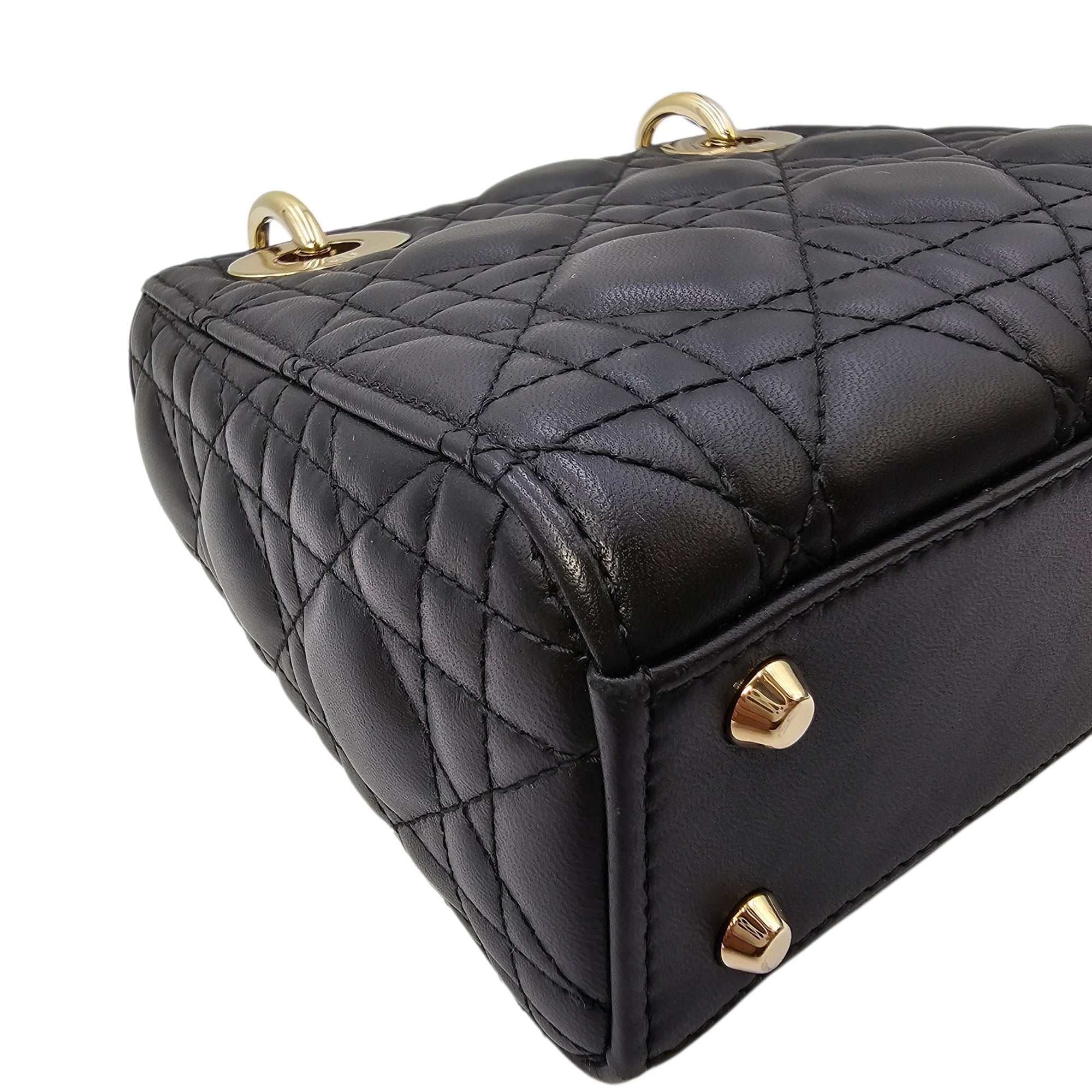 Mini Lady Dior Black Top Handle Bag in Lambskin Gold hardware