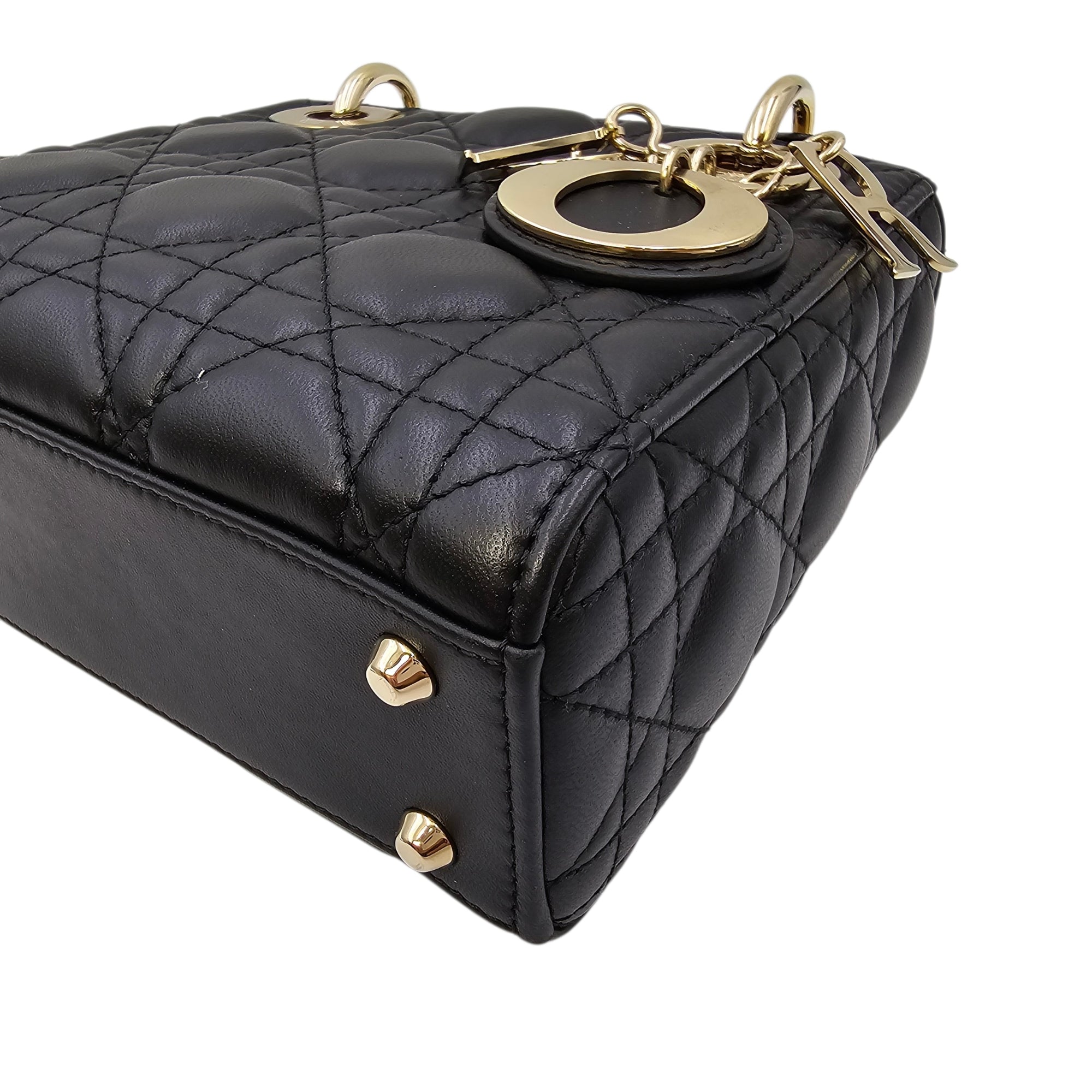 Mini Lady Dior Black Top Handle Bag in Lambskin Gold hardware