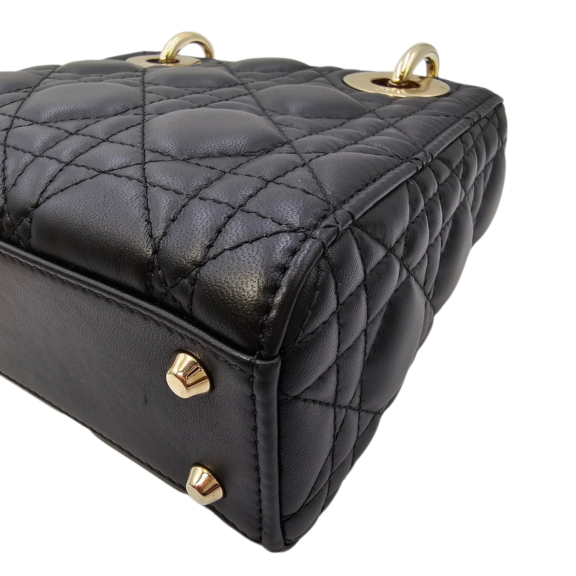 Mini Lady Dior Black Top Handle Bag in Lambskin Gold hardware