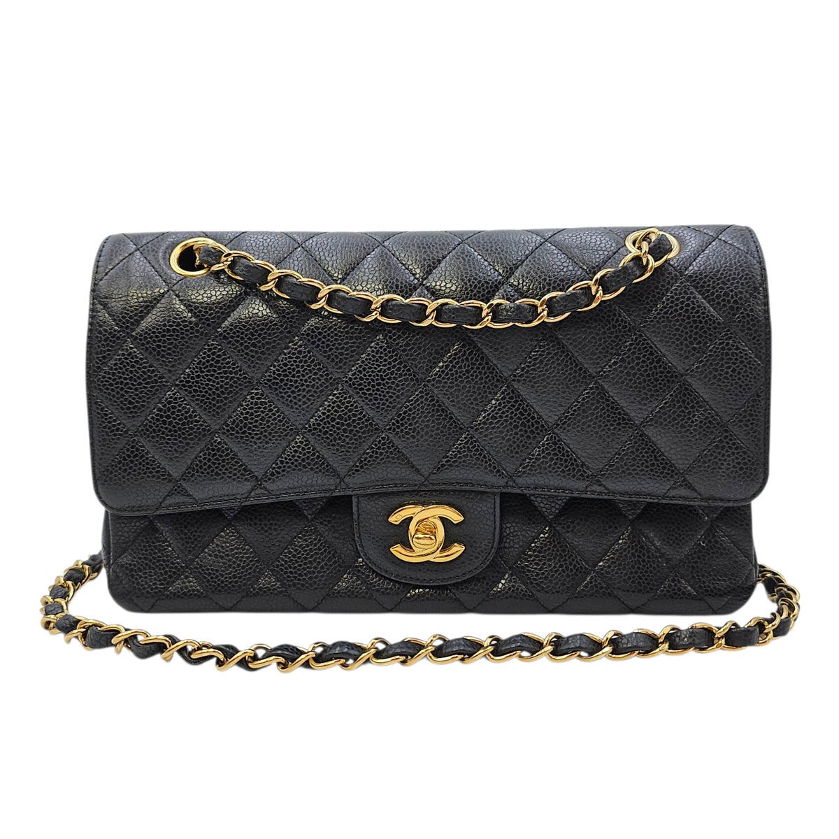 Medium Classic Flap Black Shoulder Bag in Caviar Leather Gold hardware
