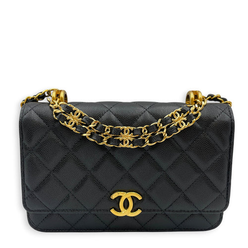 Quilted Coco First WOC Black Crossbody Bag in Caviar Leather Gold hardware