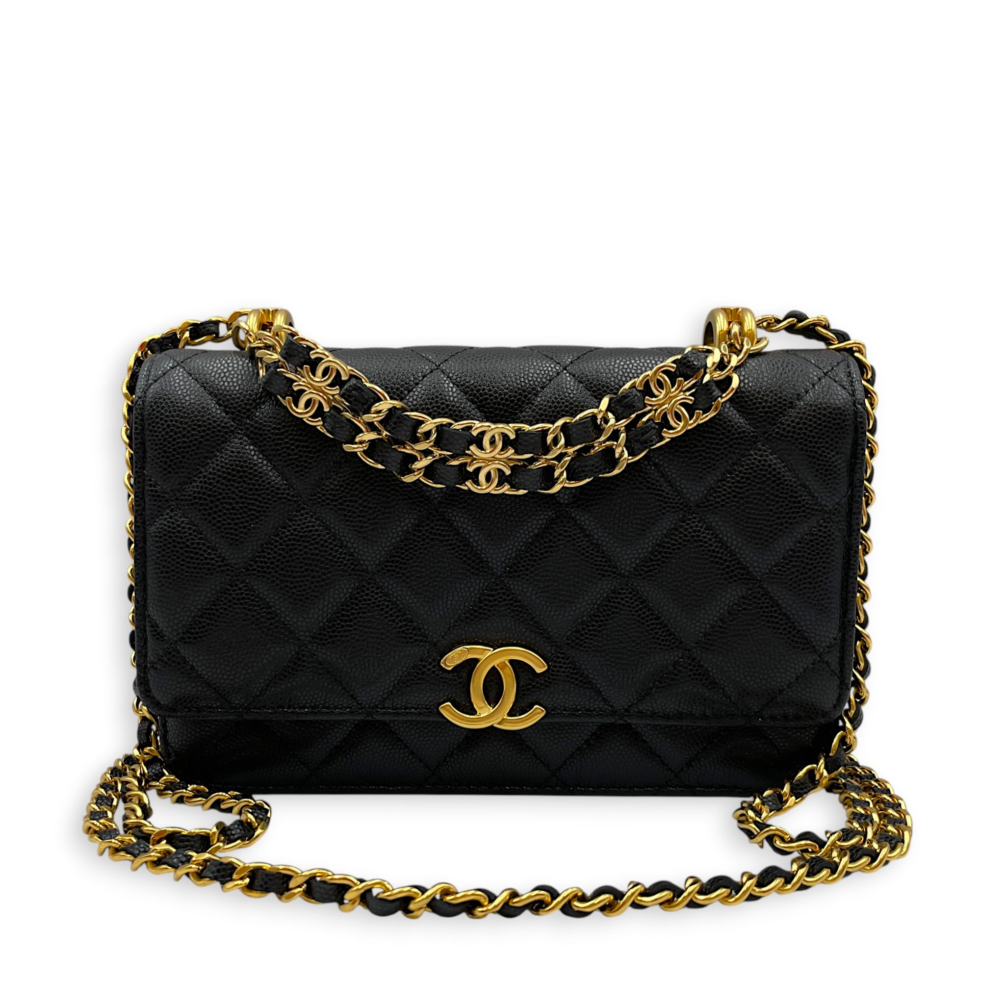 Quilted Coco First WOC Black Crossbody Bag in Caviar Leather Gold hardware