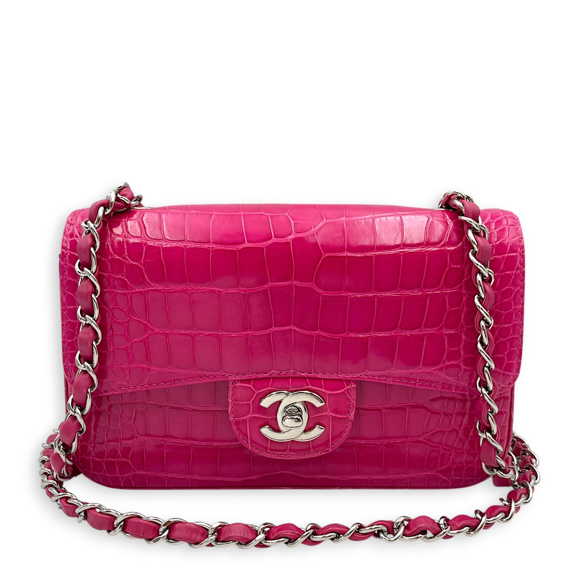 Timeless Classic Flap Pink Shoulder Bag in Shiny Alligator Silver hardware CL2604-21013 13
