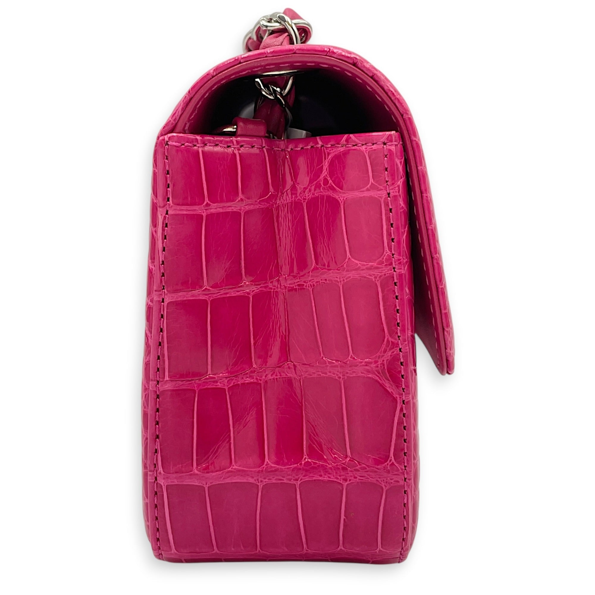 Timeless Classic Flap Pink Shoulder Bag in Shiny Alligator Silver hardware CL2604-21013 3