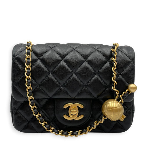 Mini Square Pearl Crush Flap Black Crossbody Bag in Lambskin Gold hardware