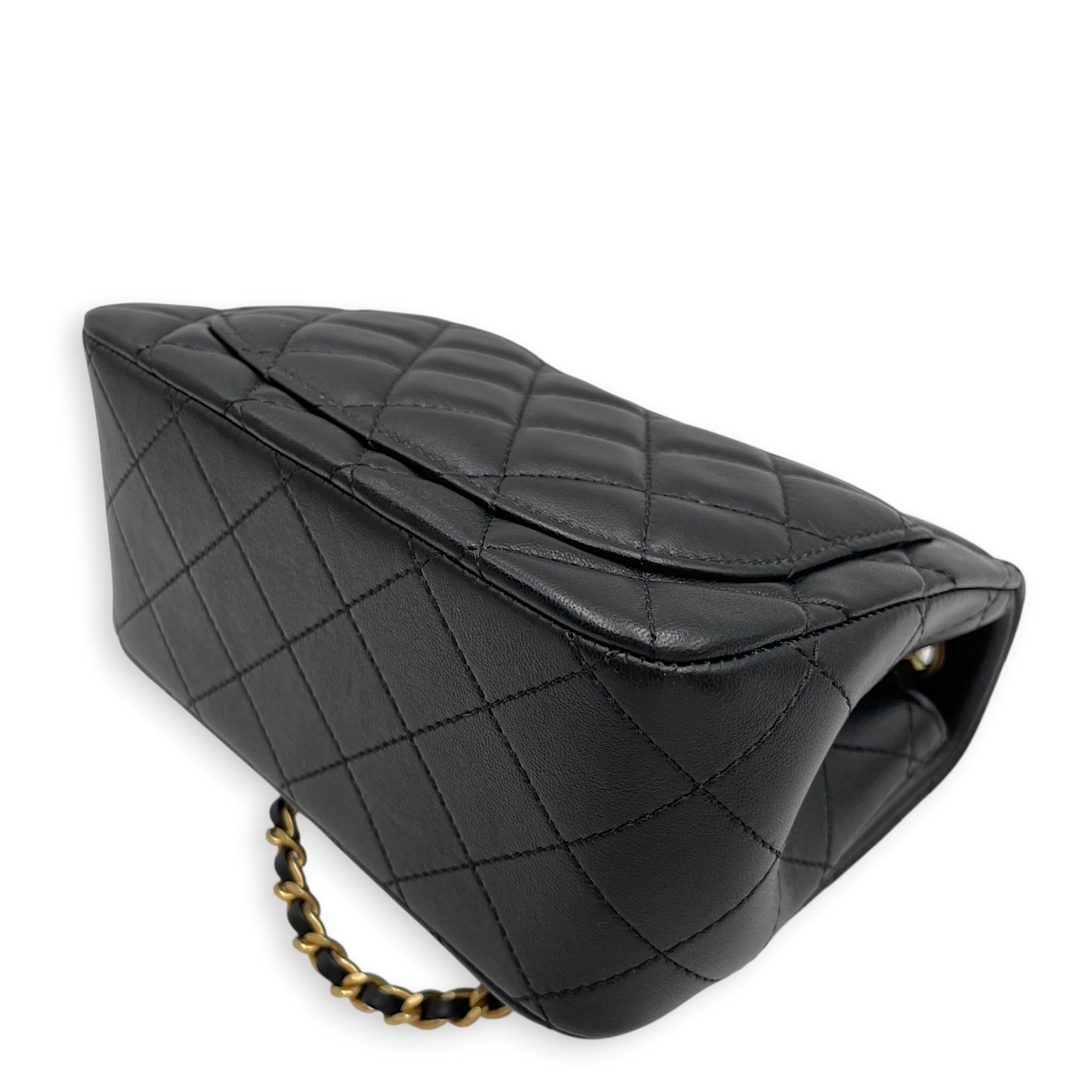 Mini Square Pearl Crush Flap Black Crossbody Bag in Lambskin Gold hardware