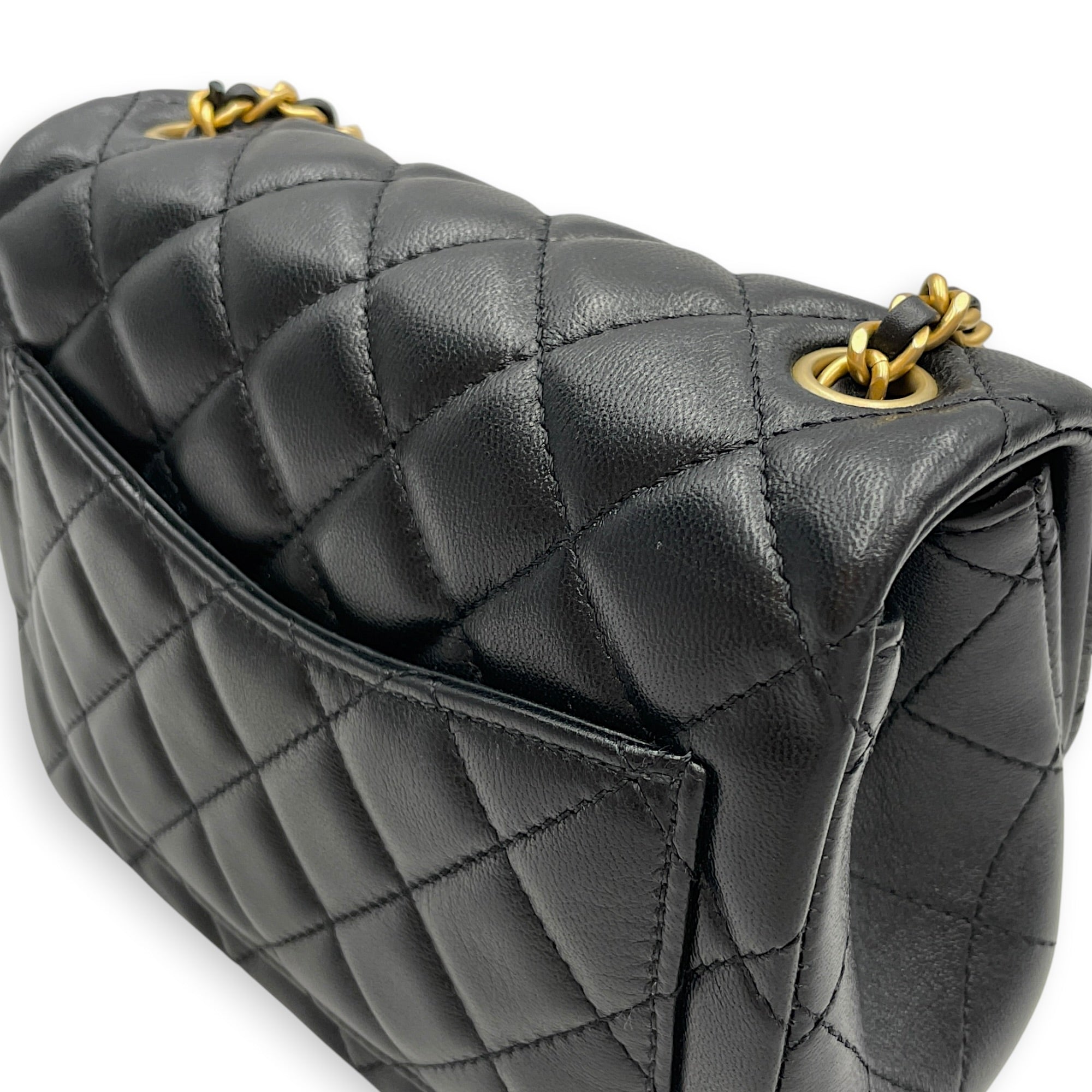 Mini Square Pearl Crush Flap Black Crossbody Bag in Lambskin Gold hardware