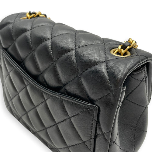 Mini Square Pearl Crush Flap Black Crossbody Bag in Lambskin Gold hardware