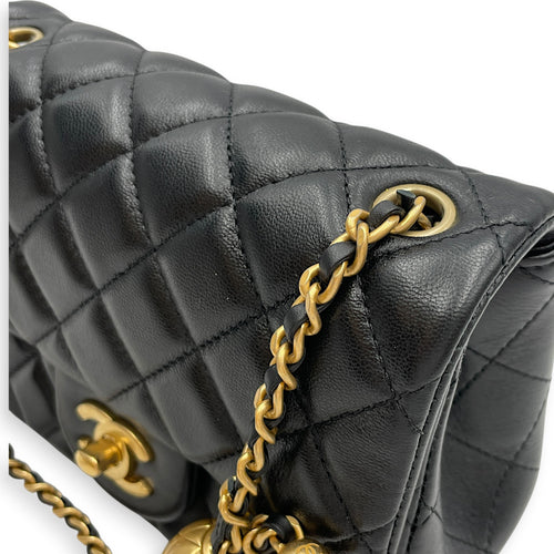 Mini Square Pearl Crush Flap Black Crossbody Bag in Lambskin Gold hardware