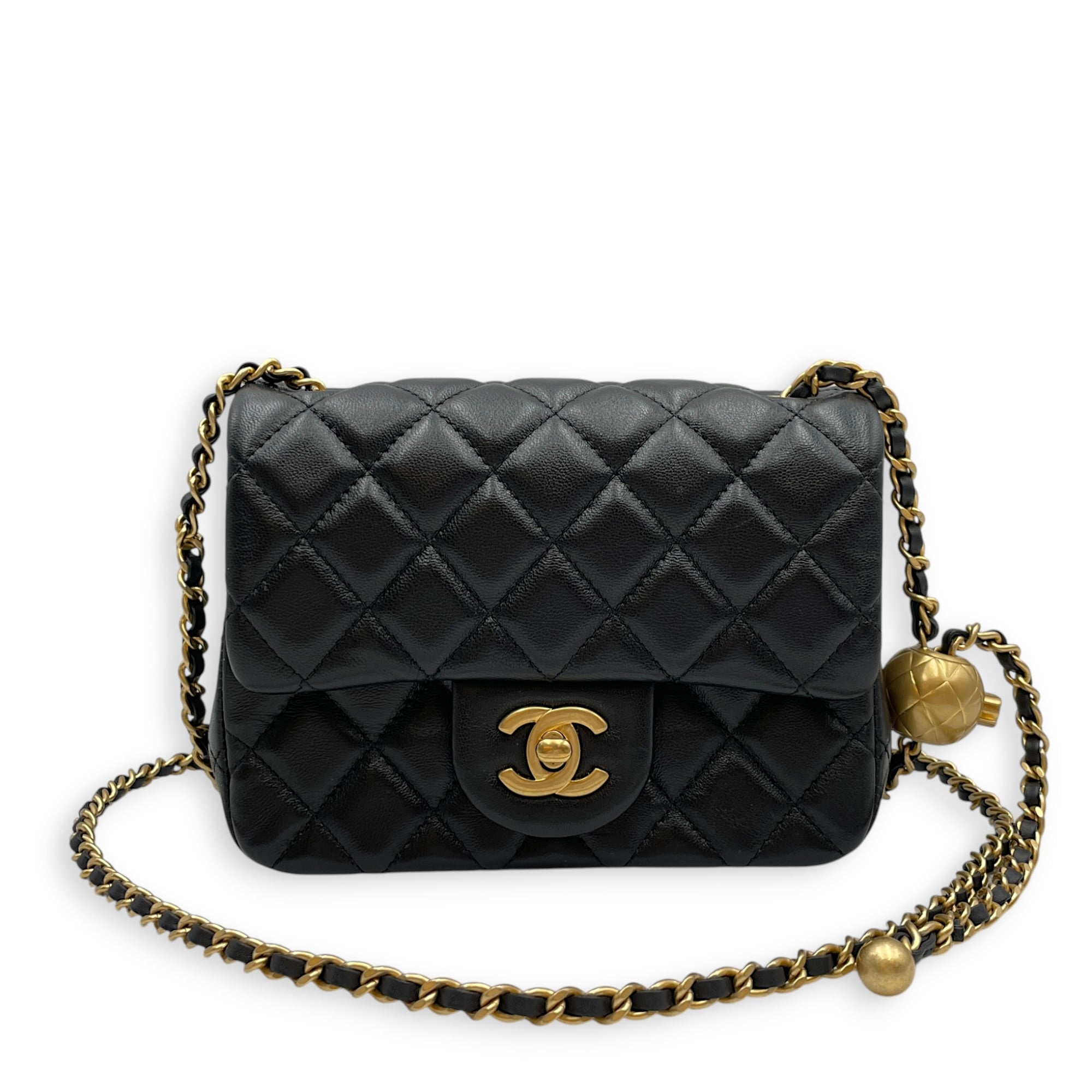 Mini Square Pearl Crush Flap Black Crossbody Bag in Lambskin Gold hardware