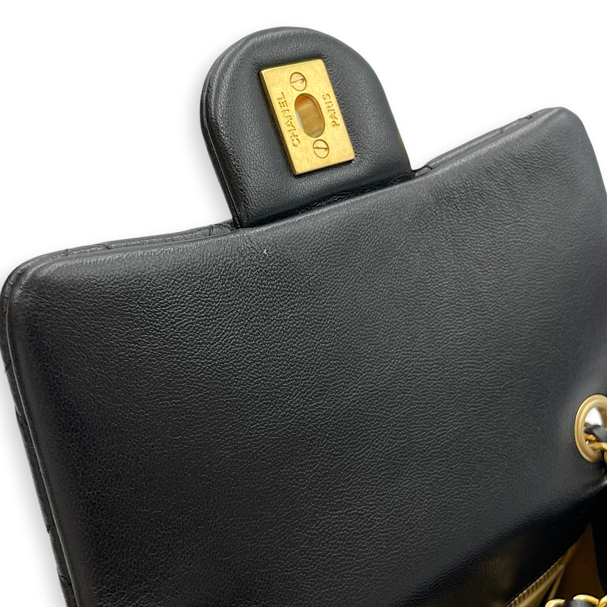 Mini Square Pearl Crush Flap Black Crossbody Bag in Lambskin Gold hardware