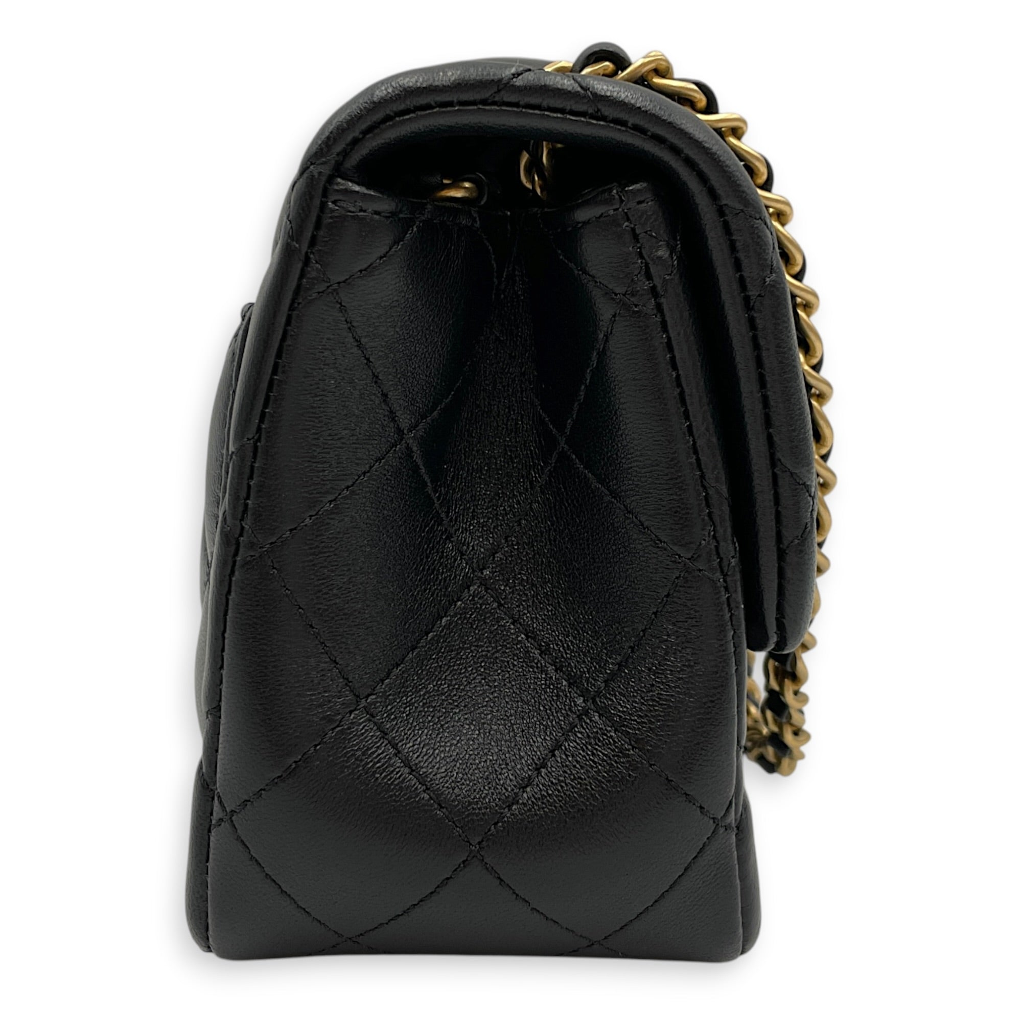Mini Square Pearl Crush Flap Black Crossbody Bag in Lambskin Gold hardware