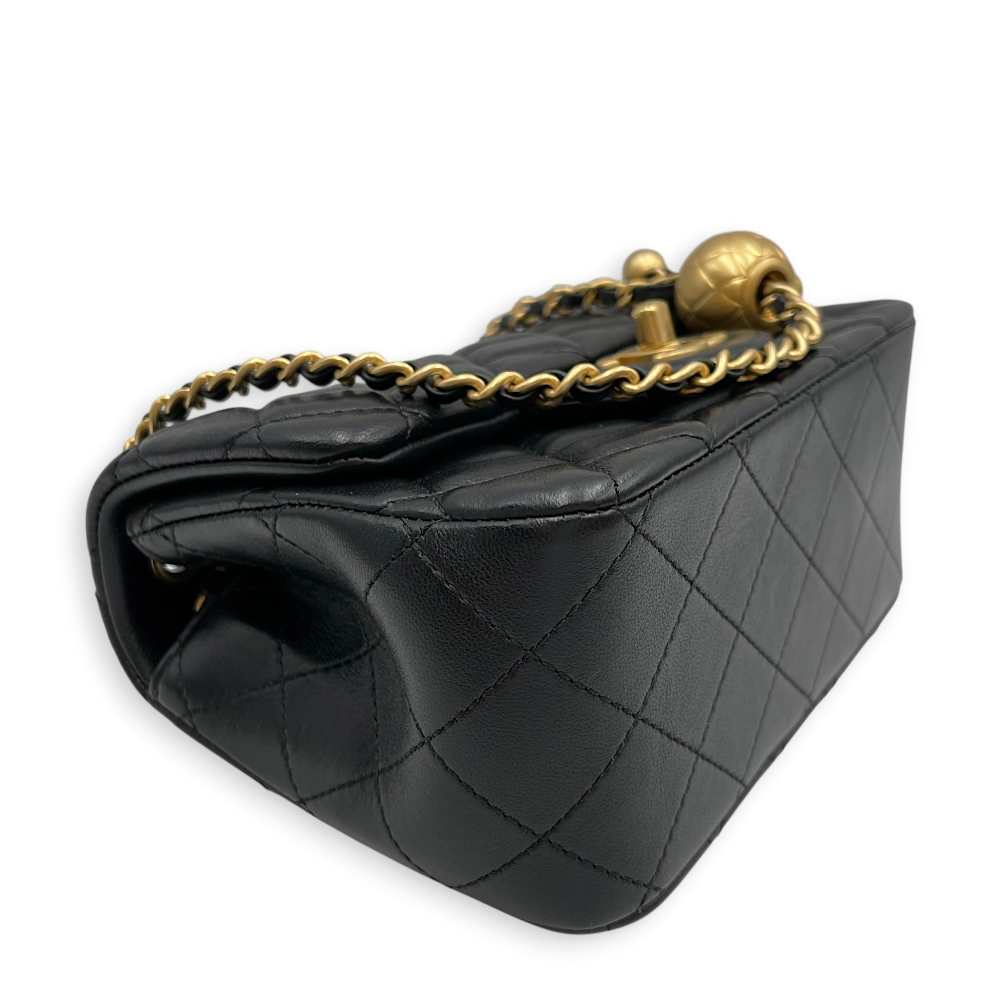 Mini Square Pearl Crush Flap Black Crossbody Bag in Lambskin Gold hardware