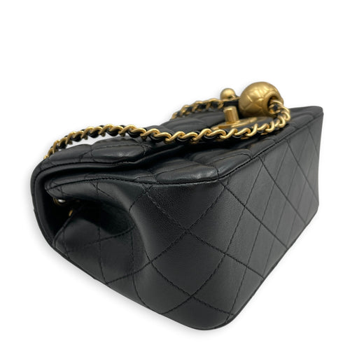 Mini Square Pearl Crush Flap Black Crossbody Bag in Lambskin Gold hardware