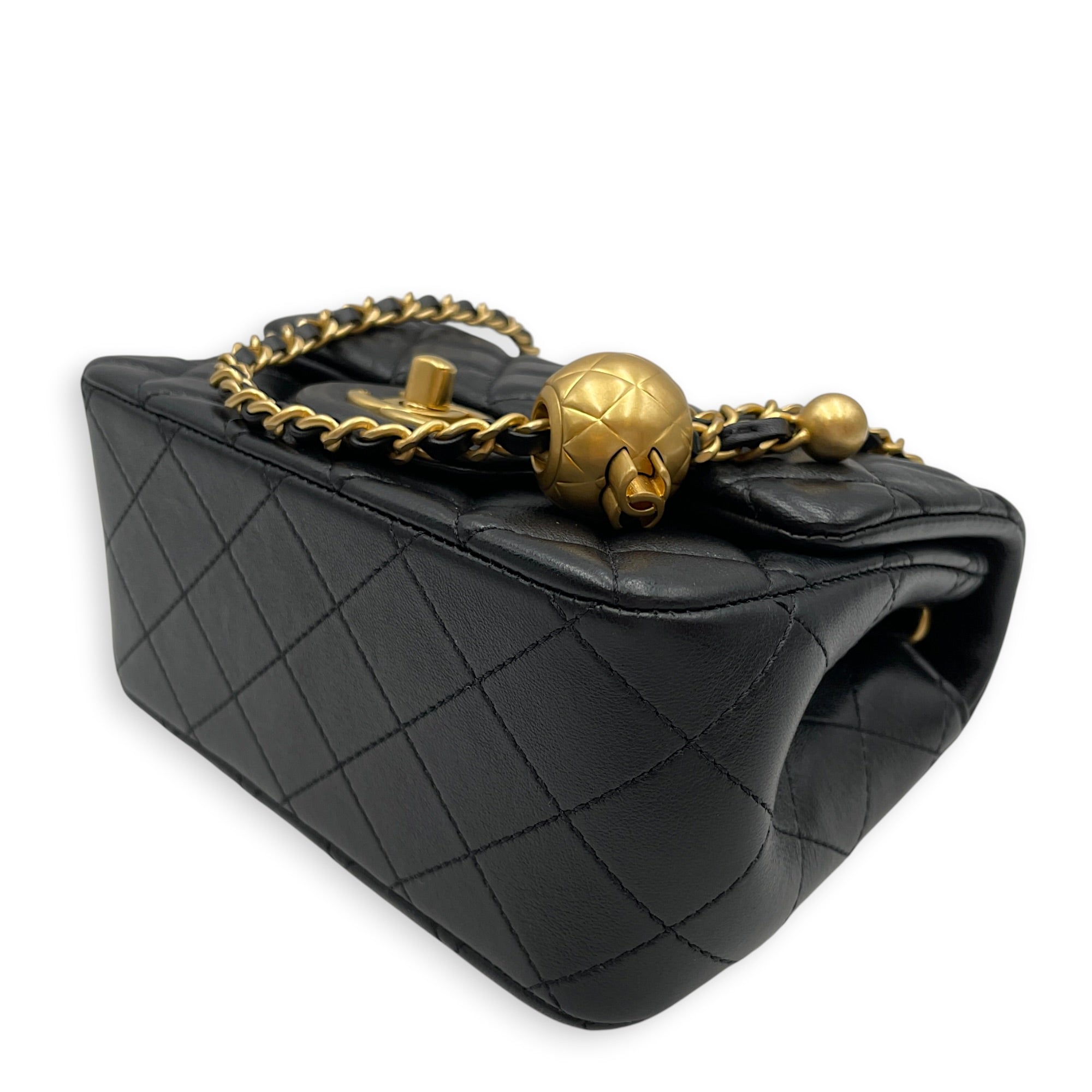 Mini Square Pearl Crush Flap Black Crossbody Bag in Lambskin Gold hardware