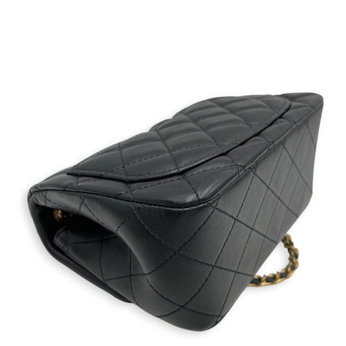 Mini Square Pearl Crush Flap Black Crossbody Bag in Lambskin Gold hardware