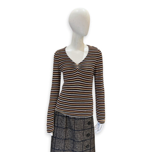 Striped V-Neck Knit Top S Brown Ready-To-Wear in Cotton CL2604-21079 1