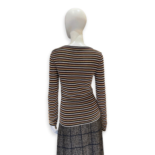 Striped V-Neck Knit Top S Brown Ready-To-Wear in Cotton CL2604-21079 2