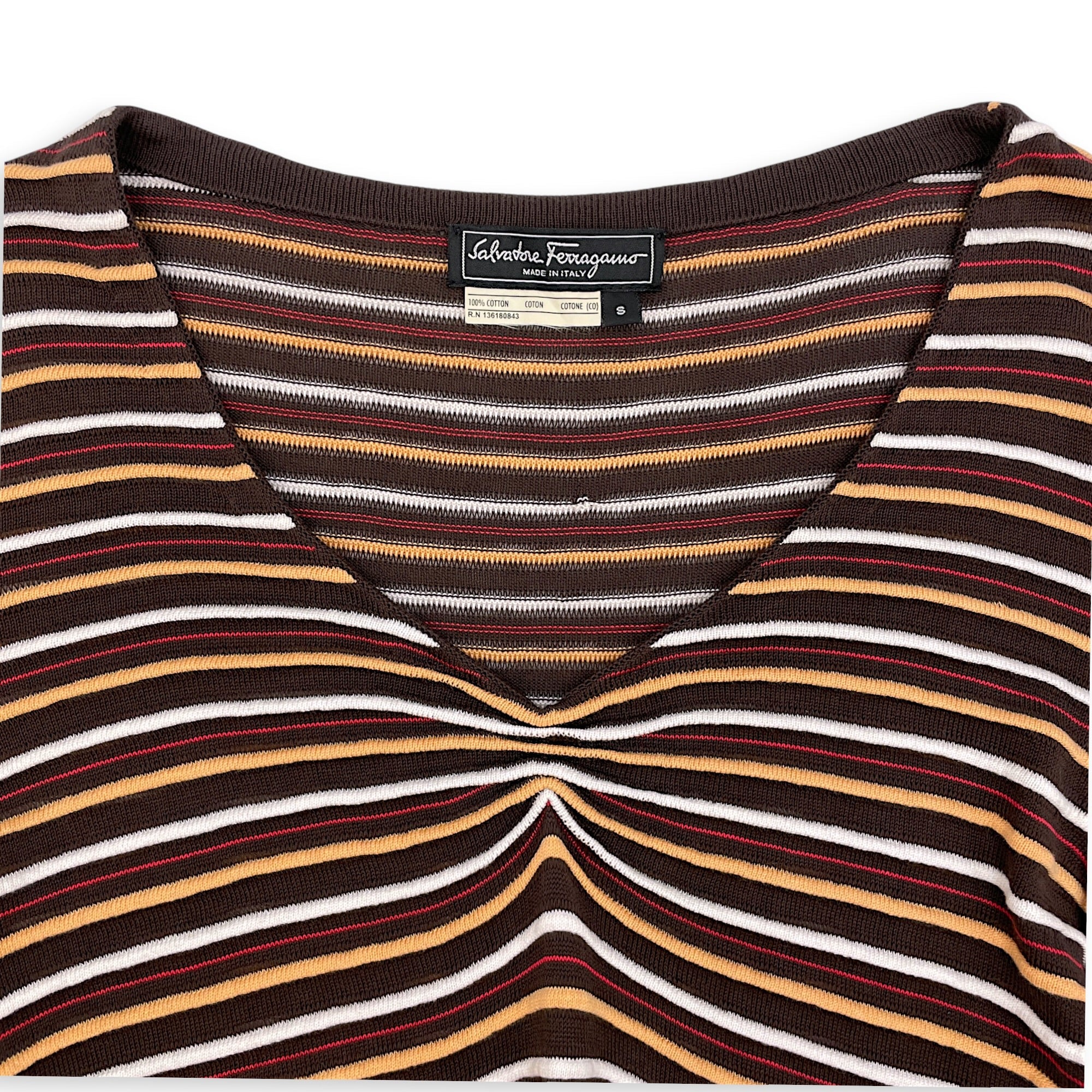 Striped V-Neck Knit Top S Brown Ready-To-Wear in Cotton CL2604-21079 3