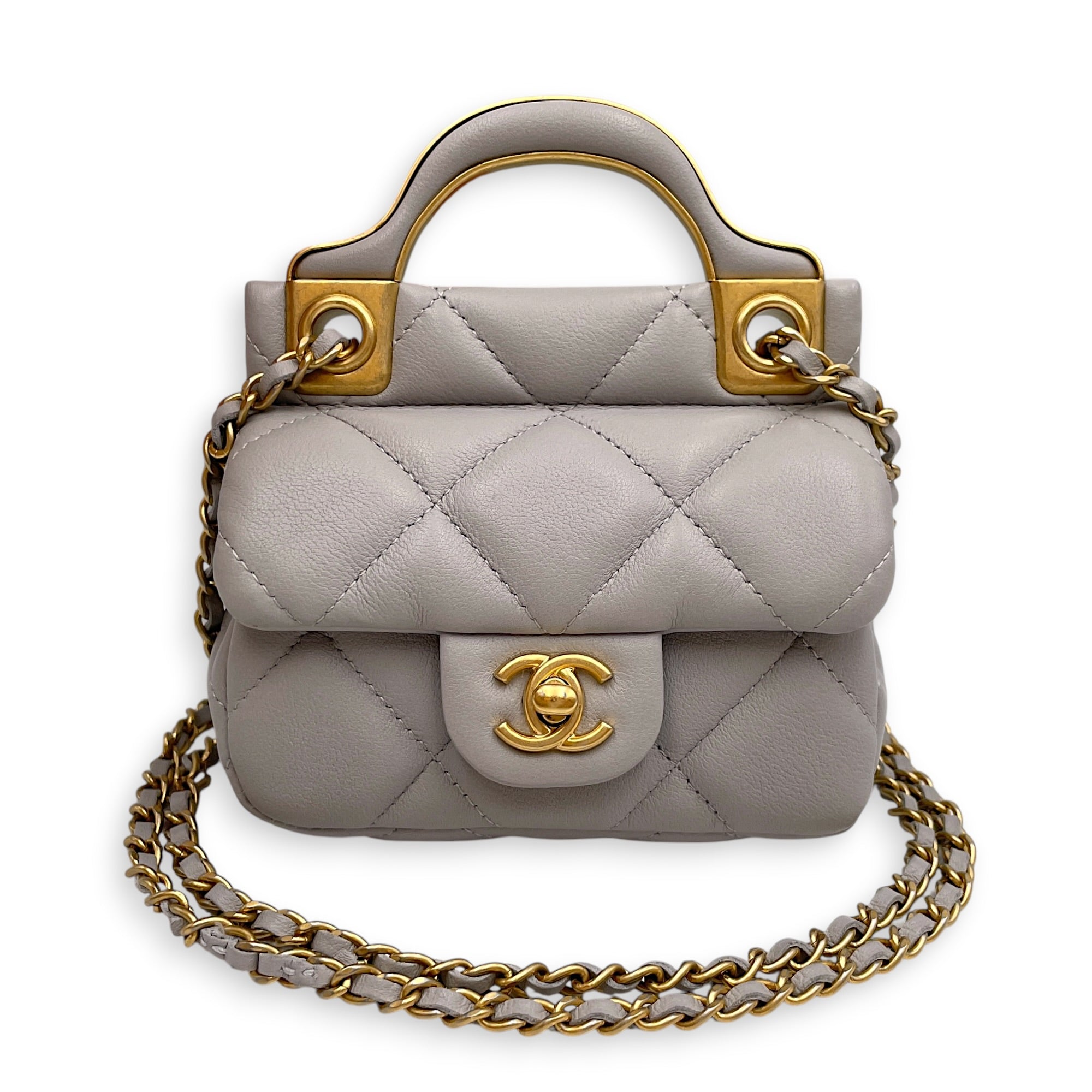 Lady Handle Flap Card Holder Grey Crossbody Bag in Calfskin Gold hardware CL2605-21121 12