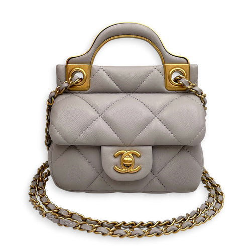 Lady Handle Flap Card Holder Grey Crossbody Bag in Calfskin Gold hardware CL2605-21121 12
